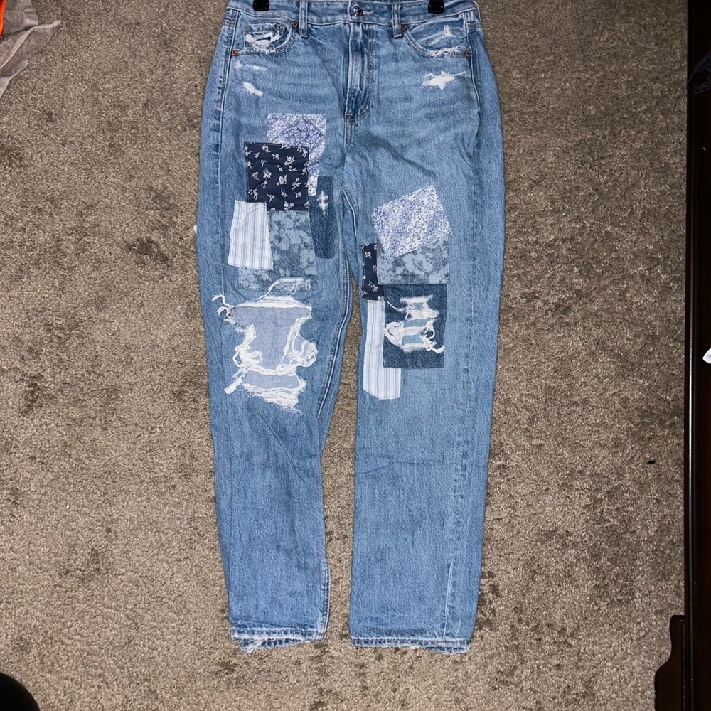 American Eagle Outfitters Light Blue Patchwork Distressed Mom Jeans